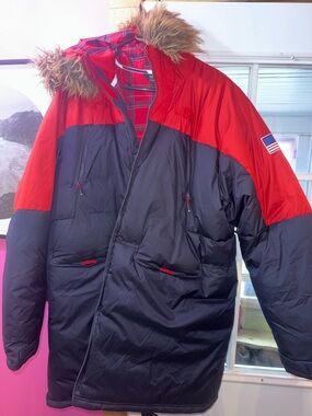 Under Armour Men's Red and Black Puffer Parka with Faux Fur Hood